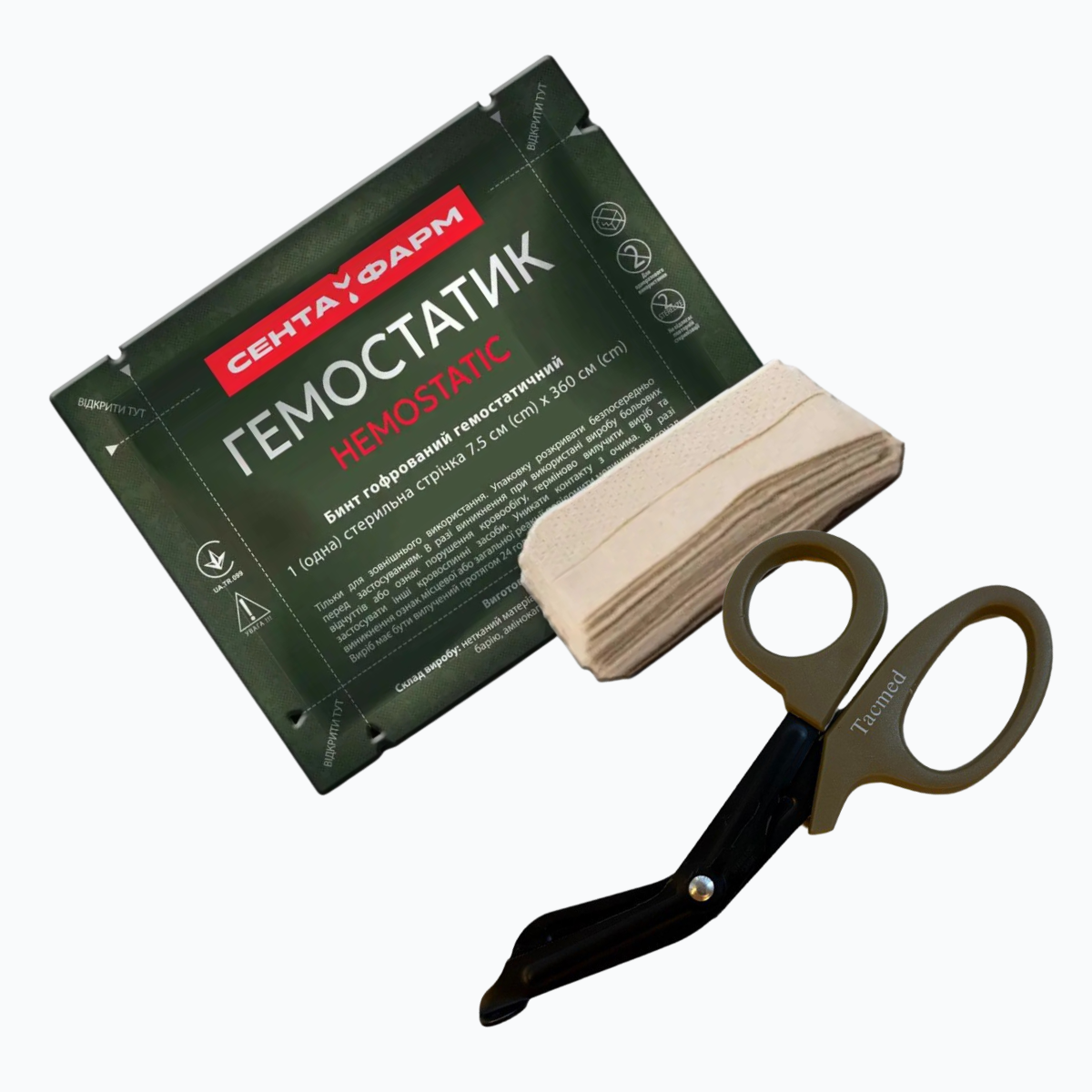 Set BLEEDING BANDAGE Hemostatic + Atraumatic scissors TACMED